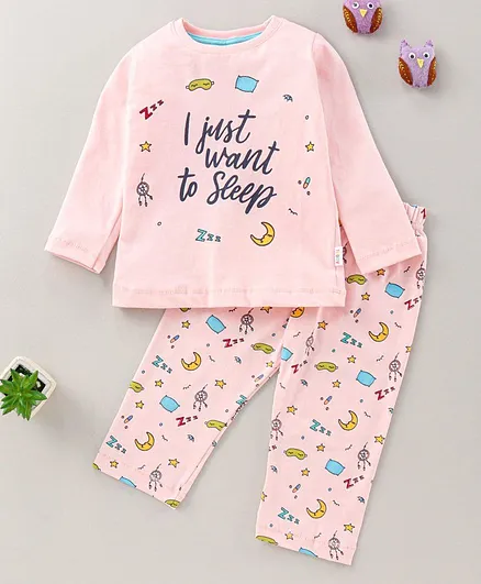 Teddy Full Sleeves Night Suit Text Print - Pink