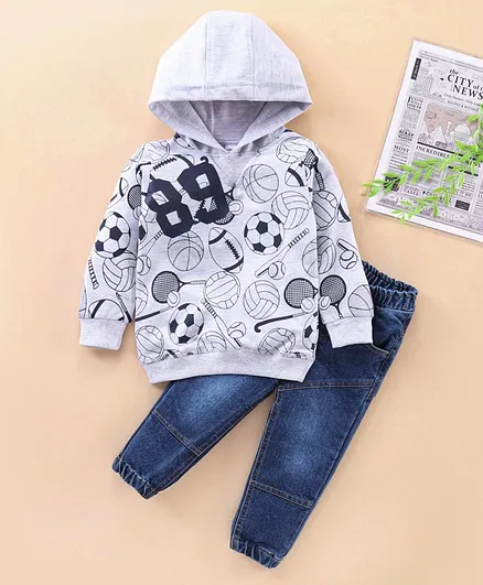Babyhug Full Sleeves Hooded Tee and Jeans Set Sports Print - Grey