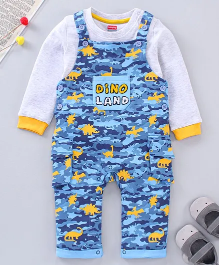 Babyhug Full Sleeves T-Shirt & Dungaree Dino Print - Blue