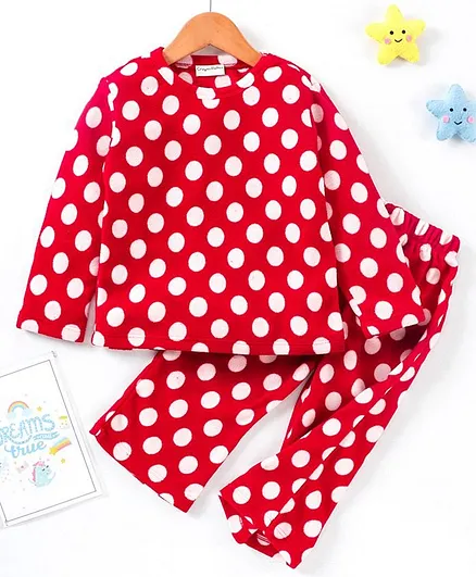 CrayonFlakes Full Sleeves Polar Fleece Polka Dots Print Night Suit - Red