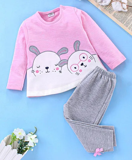 Wonderchild Full Sleeves Bunny Applique Top With Pants - Pink