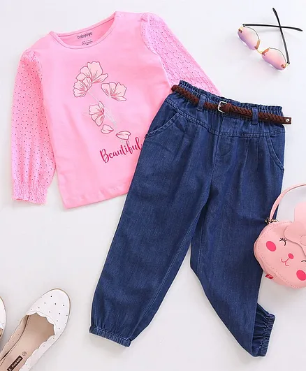 Babyoye Cotton Peasant Sleeves Top & Jogger Jeans With Belt Floral Print - Light Pink Dark Blue