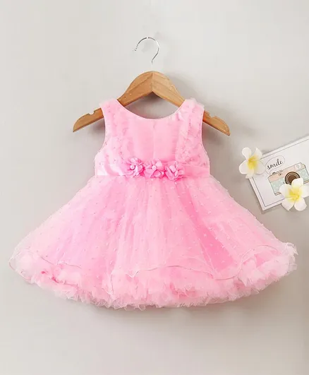 Babyhug Sleeveless Party Wear Frock Floral Corsage - Pink
