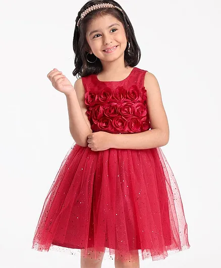 Babyhug Sleeveless Party Wear Frock with 3D Flowers on Yoke - Red