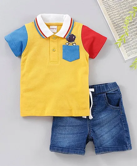 Babyhug Half Sleeves Tee & Shorts Set Astronaut Print  - Yellow Blue