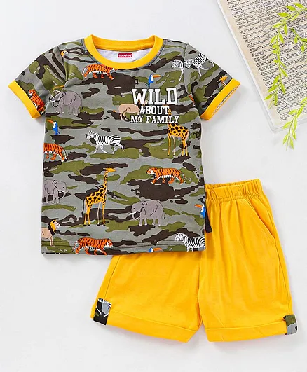 Babyhug Half Sleeves Tee & Shorts Set Dino Print - Yellow