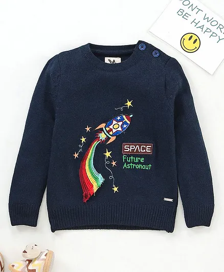 Yellow Apple Full Sleeves Pullover Sweater Rocket Design - Blue