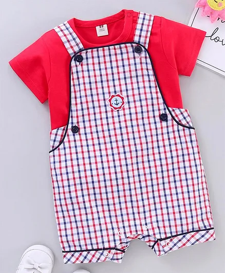 ToffyHouse Checked Dungaree Style Romper with Half Sleeves Inner Tee - Red