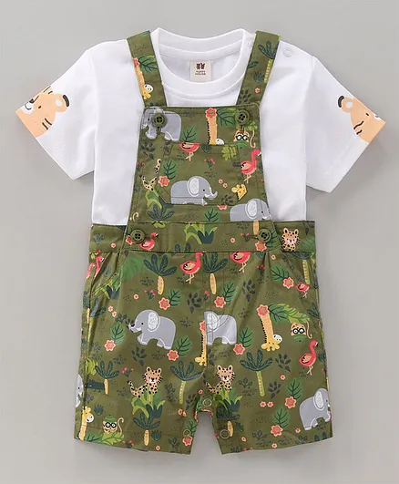 ToffyHouse Dungaree Style Romper With Half Sleeves Tee Animal Print - Green White