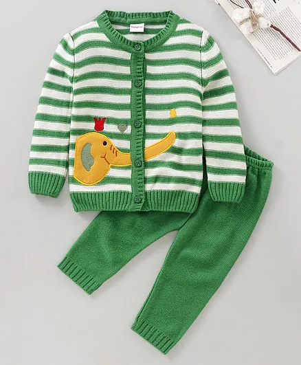 Babyhug Full Sleeves Striped Sweater Set Elephant Patch - Green