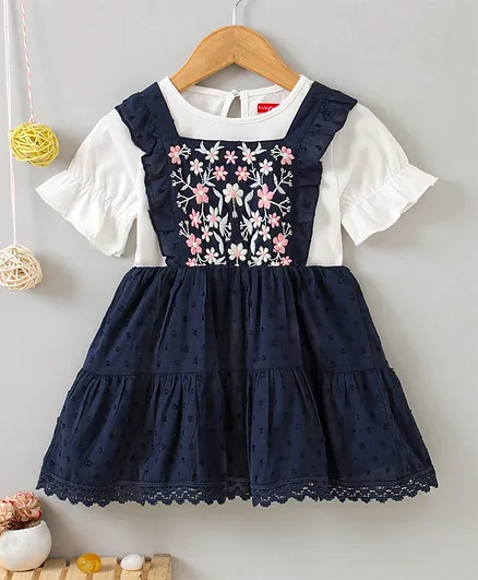 Babyhug Half Sleeves T-Shirt & Frock Floral Embroidery - Blue