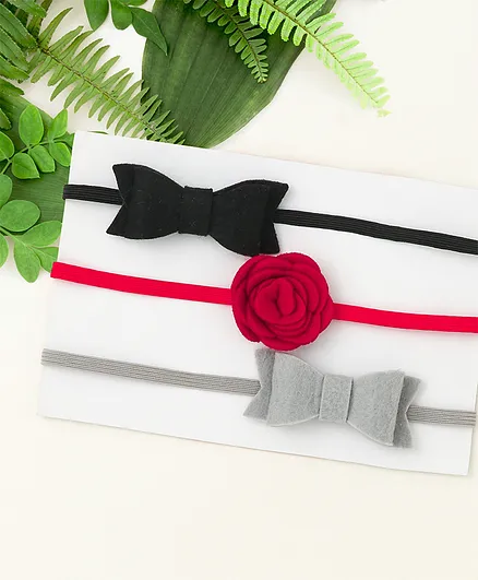 Knotty Ribbons Pack Of 3 Rose & Bow Headbands - Black Red & Grey
