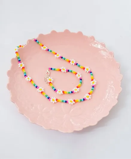 Bobbles & Scallops Combo Set of Daisy Glass Beads Necklace & Bracelet - Multi Colur