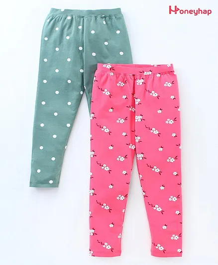 Honeyhap Full Length Cotton Elastane Leggings Floral Print Pack of 2 - Pink Green
