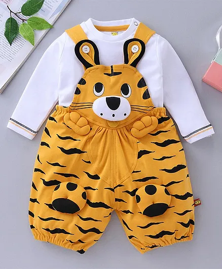 WOW Clothes Dungaree With Full Sleeves Tee Tiger Design - White Yellow
