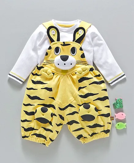 WOW Clothes Dungaree With Full Sleeves Tee Tiger Design - White YellLight Yellow