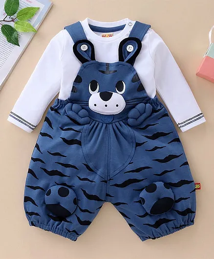 WOW Clothes Dungaree With Full Sleeves Tee Tiger Design - White Blue