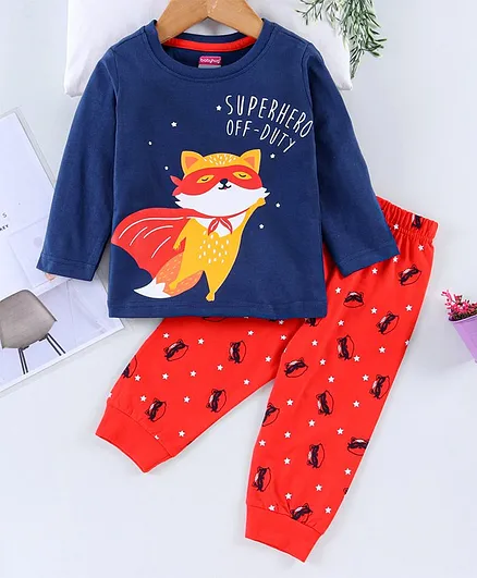 Babyhug Full Sleeves T-Shirt & Pajama Set Wolf Graphic - Blue & Orange