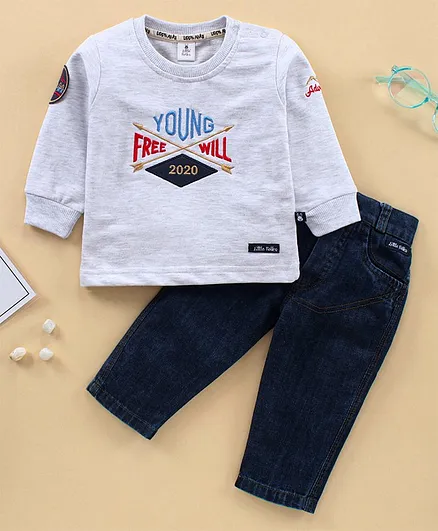 Little Folks Full Sleeves Tee and Lounge Pant Set Text Embroidery - Grey