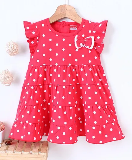 Babyhug Short Sleeves Tiered Frock Bow Applique - Red