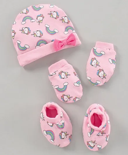 Babyhug 100% Cotton Cap, Mittens & Booties Unicorn Print - Pink