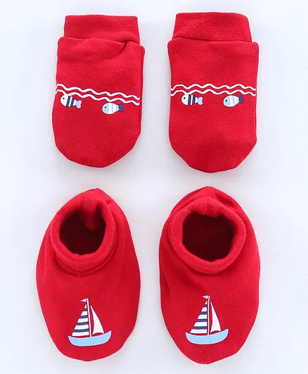 Babyhug 100% Cotton Mittens & Booties Set Heart Print - Red