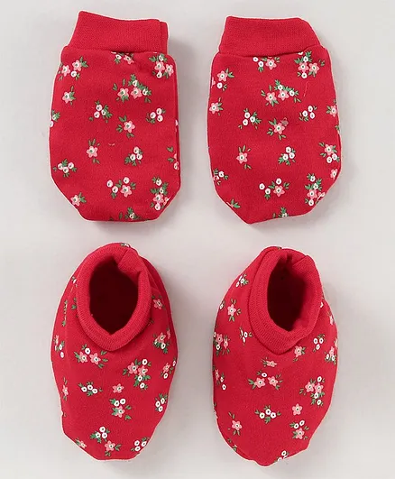 Babyhug 100% Cotton Mitten & Booties Floral Print - Red