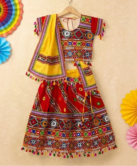 Banjara India Navratri Half Sleeves Kutchi Embroidered Choli With Lehenga & Dupatta - Red