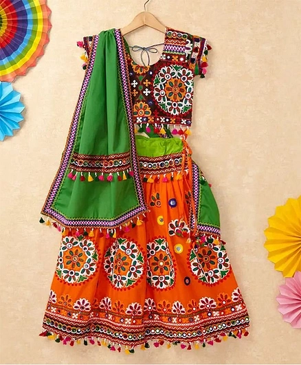 Banjara India Navratri Half Sleeves Kutchi Embroidered Choli With Lehenga & Dupatta - Orange