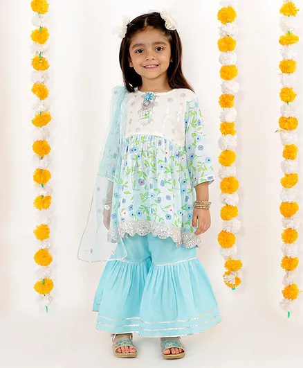Little Bansi Three Fourth Sleeves Floral Print Kurta With Sharara & Dupatta - Blue
