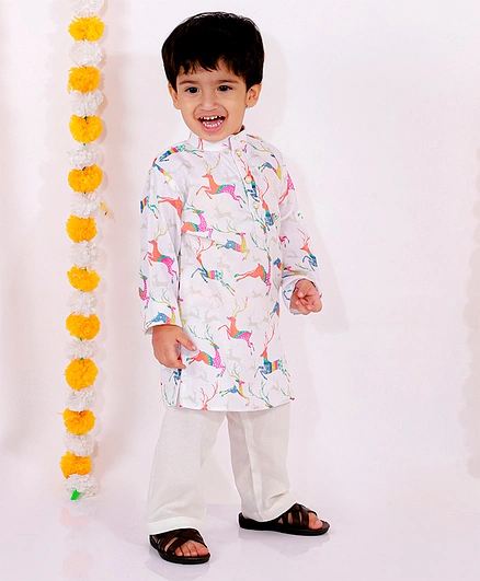 Little Bansi Full Sleeves Deer Print Kurta With Pyjama - Cream and White