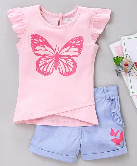 Ollington St. Flutter Sleeves Top & Shorts Butterfly Print - Pink Indigo