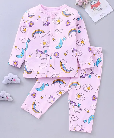 Child World Full Sleeves Night Suit Unicorn Print - Pink