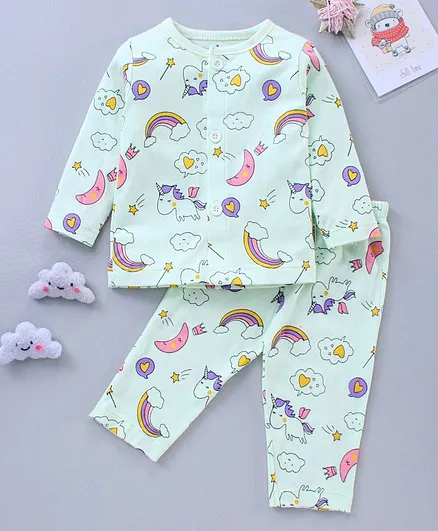 Child World Full Sleeves Night Suit Unicorn Print - Sea Green