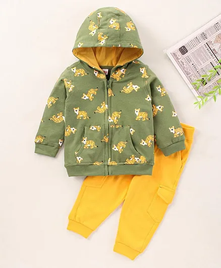 Babyhug Full Sleeves Hooded Tee & Lounge Pant Tiger Print - Yellow Green