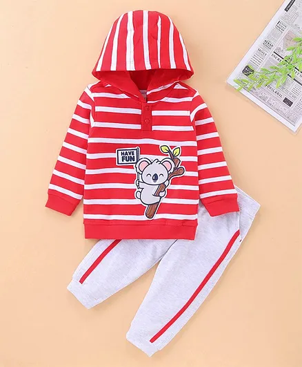 Babyhug Full Sleeve Tee and Lounge Pants Striped with Koala Patch - Red Grey
