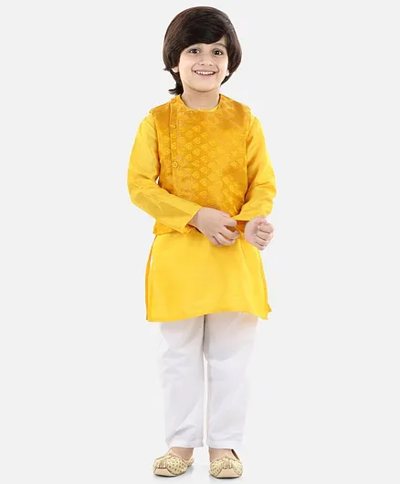 BownBee Full Sleeves Solid Colour Kurta With Jacquard Jacket & Pajama - Yellow