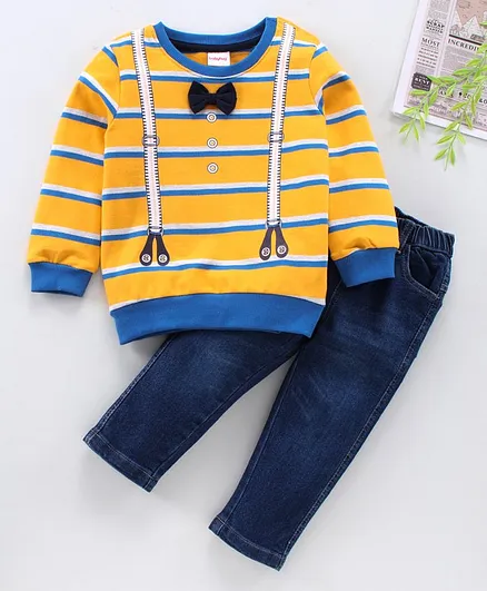 Babyhug Full Sleeves Tee and Jeans Set Stripes - Orange