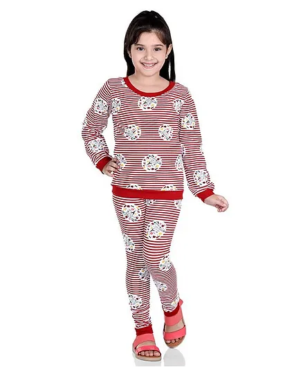 Naughty Ninos Full Sleeves Striped Night Suit - Red & White