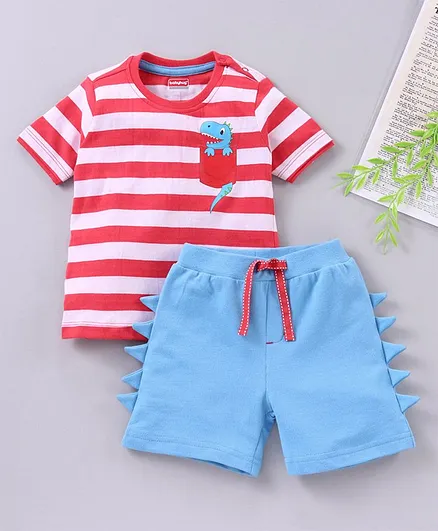 Babyhug Half Sleeves Striped Tee and Shorts Set Dino Print - Red Blue