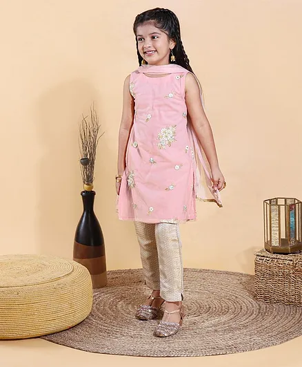 Babyhug Sleeveless Kurti Churidar Set with Dupatta Floral Embroidery - Pink Golden