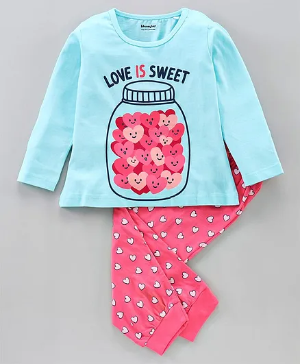 Honeyhap 100% Cotton Full Sleeves Night Suit With Silvadur Antimicrobial Heart Jar Print - Blue