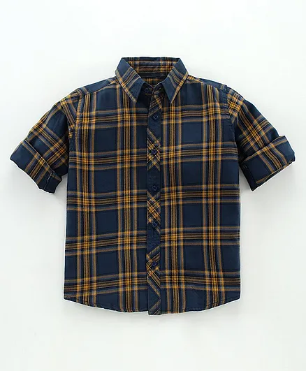 Pine Kids Full Sleeves 100% Cotton Biowashed Checked Shirt - Navy