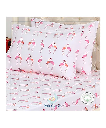 Petit Clouds 100% Organic Cotton Double Bedsheet with 2 Pillow Covers Flamingo Print - White Pink