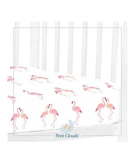 Petit Clouds 100% Organic Cotton Cot Sheet Flamingo Print - Pink White 