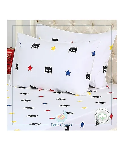 Petit Clouds 100% Organic Cotton Single Bedsheet with Pillow Cover Superhero Print - White 
