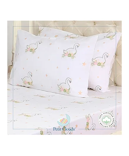 Petit Clouds Faith The Swan 100% Pure Organic Cotton 300 TC Double Bedsheet with 2 Pillow Covers - White