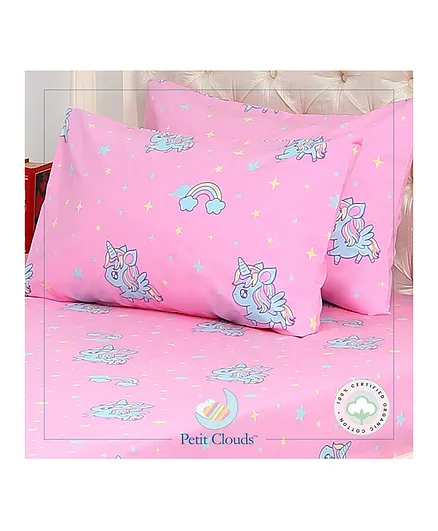 Petit Clouds Ella The Unicorn 100% Pure Organic Cotton 300 TC Bedsheet with 2 Pillow Covers - Pink 