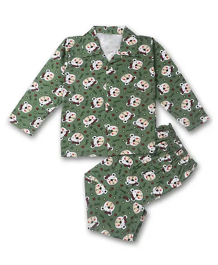 AAAKAR Full Sleeves Teddy Bear Print Night Suit - Green