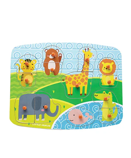 Little Jamun Wild Animals Knob & Peg Puzzle Multicolour - 13 Pieces